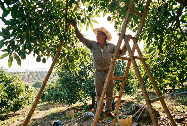 Productor orgánico en huerto de aguacate