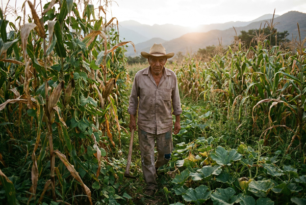 Productor orgánico en su milpa al atardecer