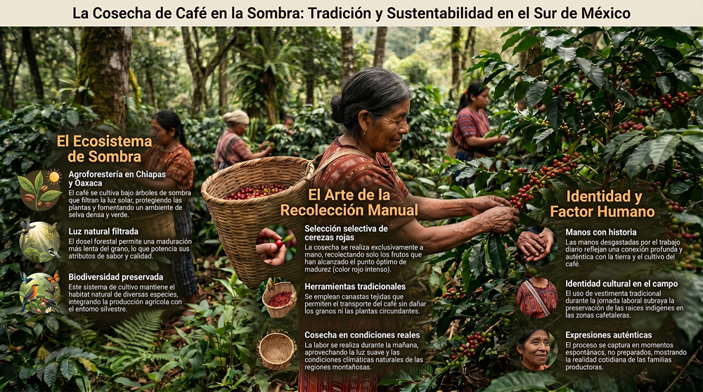 Cosecha manual de café orgánico en el sur de México