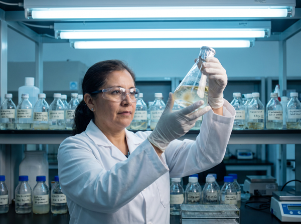 Investigadora del CIAD analizando formulaciones de bioinsumos