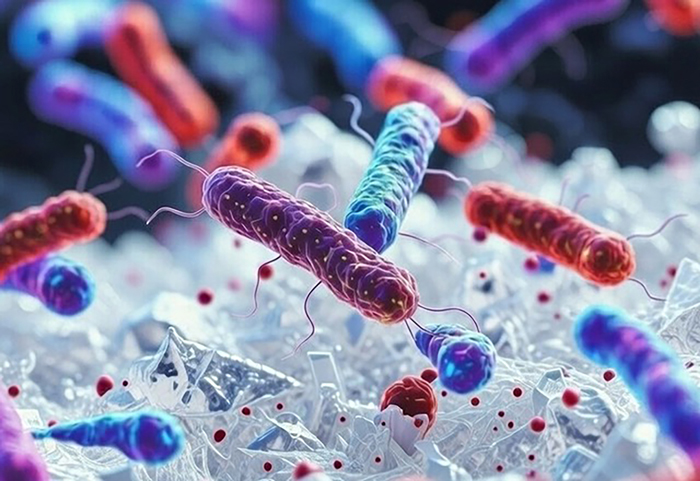 Bacterias adheridas a la superficie de un fragmento de microplástico formando plastiesferas