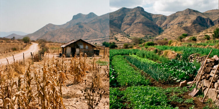 Izquierda: suelo agrícola degradado por manejo convencional durante la sequía de 2026. Derecha: suelo orgánico con cobertura vegetal viva en la misma región. La diferencia no es climática: es de manejo.