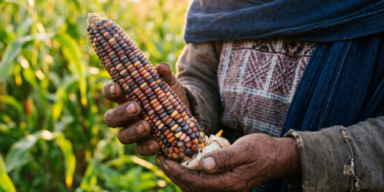 Productor sostiene una mazorca de maíz criollo de granos multicolores, parte de las 59 razas nativas que México se comprometió a proteger.