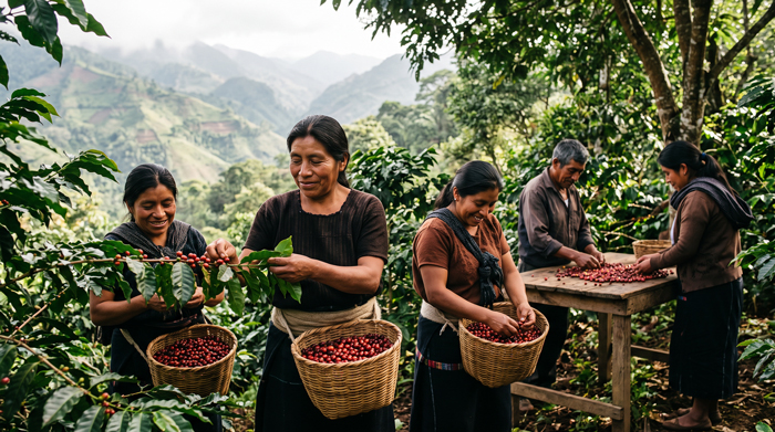 Grupo de productores cosecha café en una zona montañosa de Chiapas.