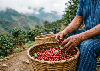 Productor sostiene una canasta con café cereza recién cosechado en Chiapas.