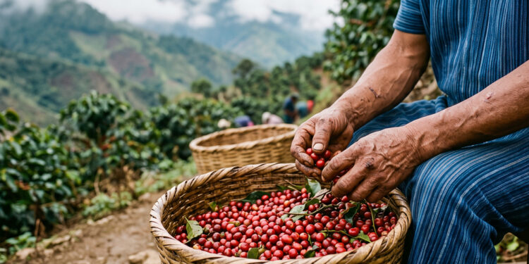 Productor sostiene una canasta con café cereza recién cosechado en Chiapas.