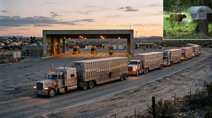 Camiones con ganado en pie esperan en un cruce fronterizo, tras la reapertura escalonada de puertos a las importaciones de bovinos mexicanos.