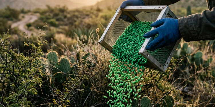 Personal técnico vierte pupas estériles de gusano barrenador teñidas de verde, listas para su liberación en campo como parte del programa binacional de erradicación.