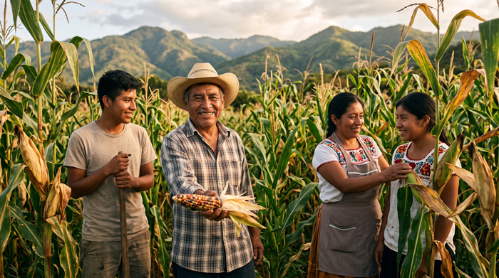 Una familia productora de maíz nativo cosecha mazorcas en su milpa, en una de las regiones beneficiadas por el programa "El Maíz es la Raíz".
