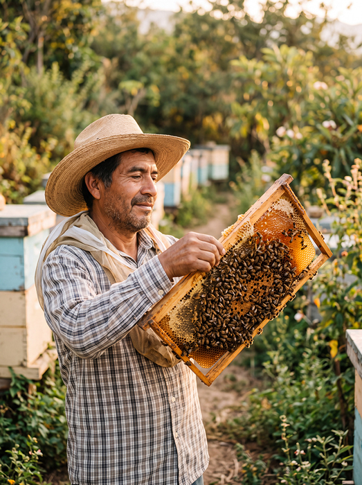 Apicultor revisa un marco cubierto de abejas y panal en un apiario mexicano.